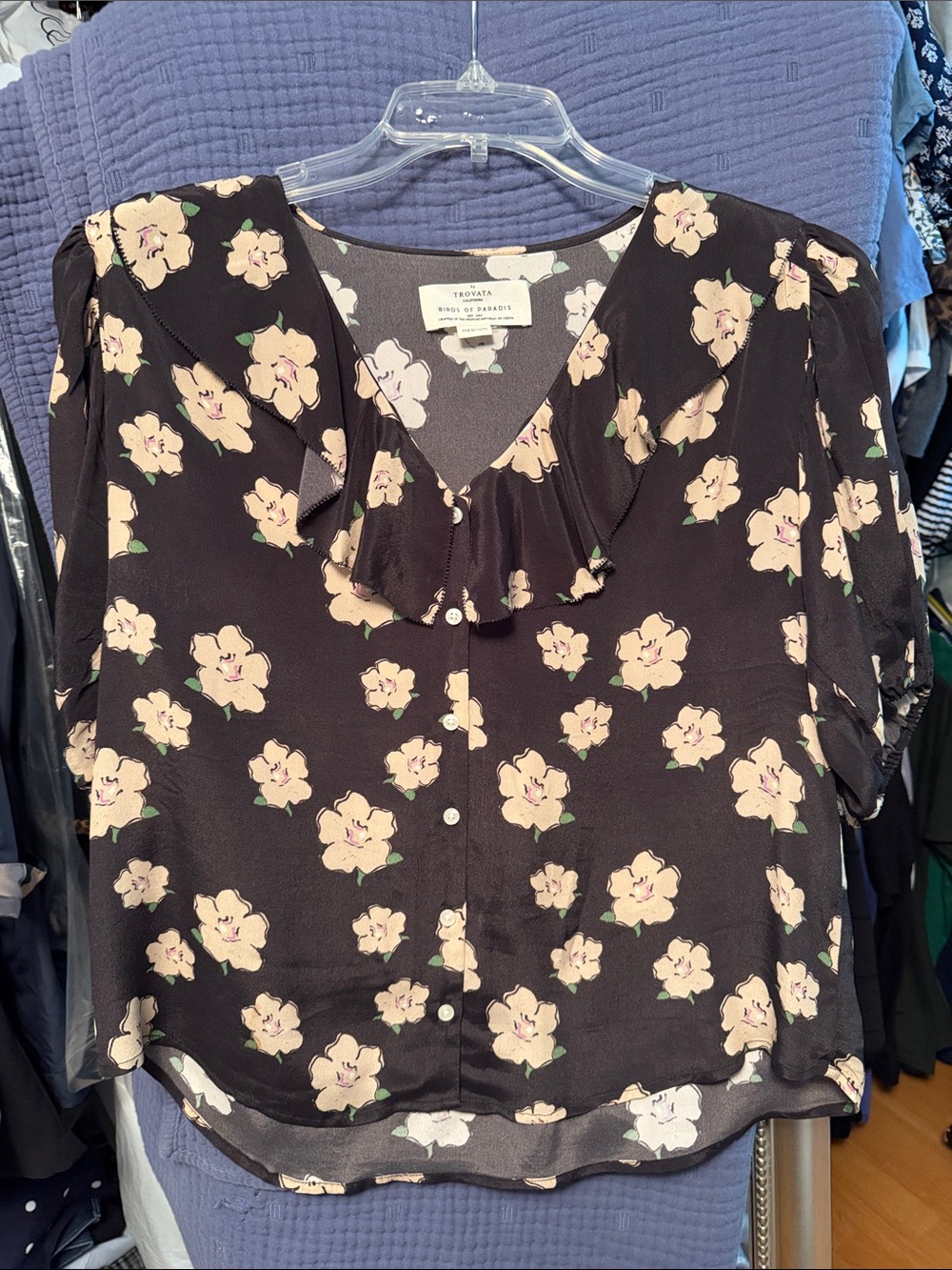 Trovata Black Blouse with Soft Pink Floral Print and Ruffle Collar